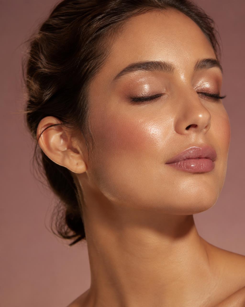 Portrait of a woman with radiant skin, eyes closed