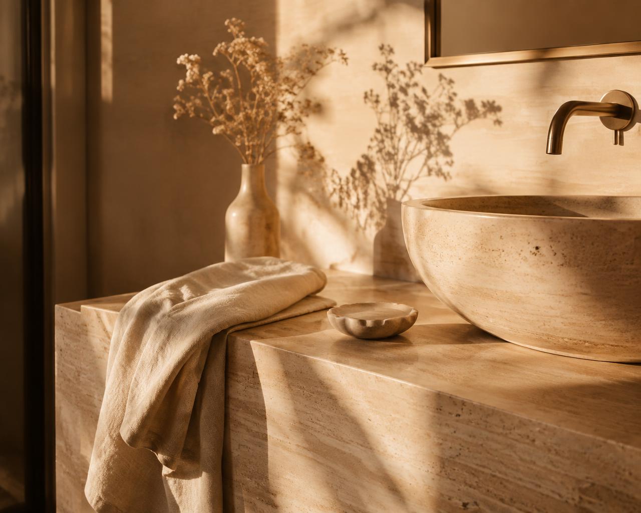 Travertine vanity at golden hour
